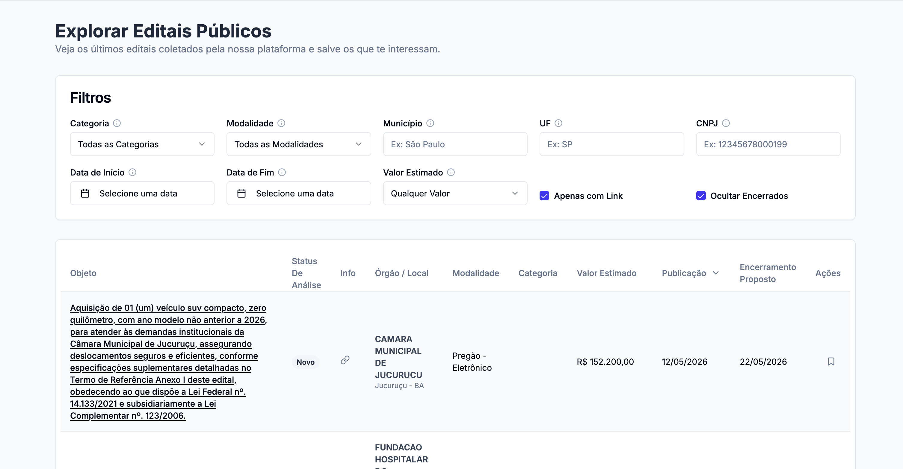 Captura da tela Explorar editais: filtros e tabela de editais públicos